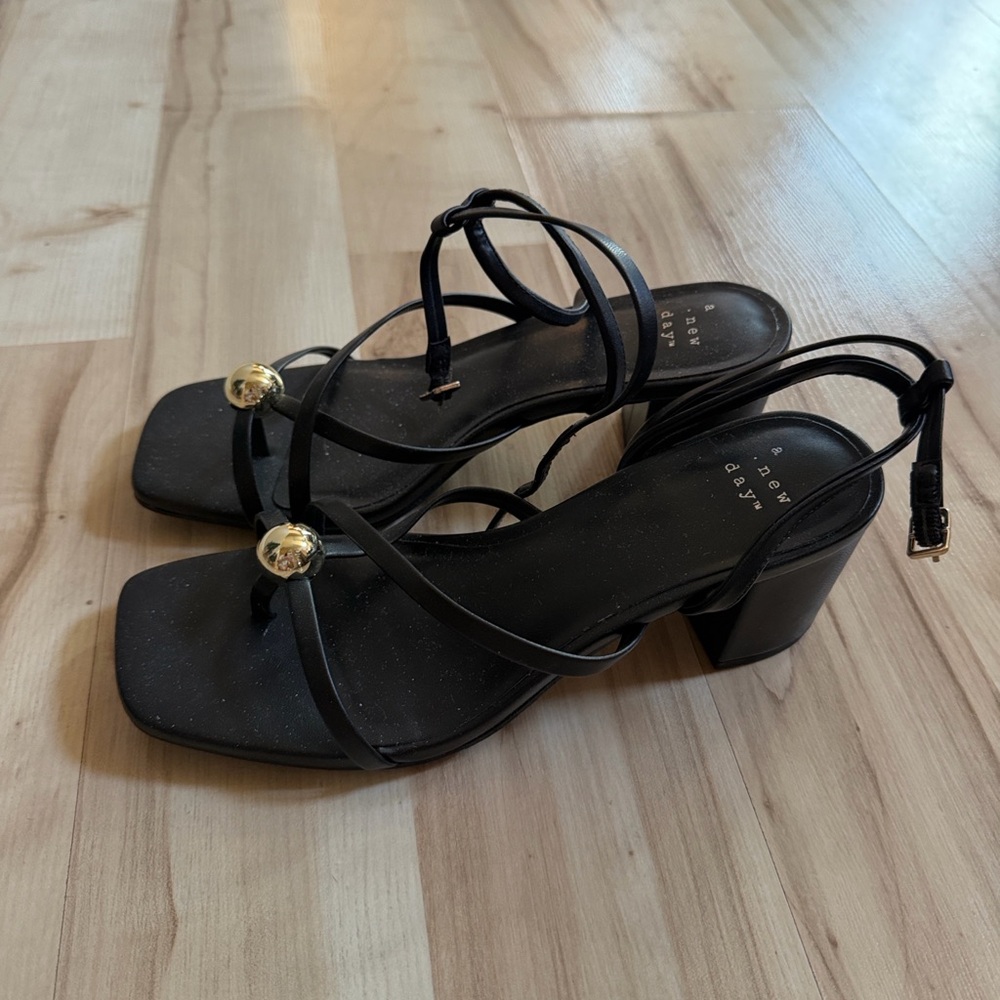Black Phoebe Strappy Ball Ornament Block Heel Sandals with Gold Accent